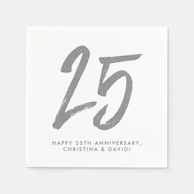Silver 25th anniversary party personalized napkins (Front)