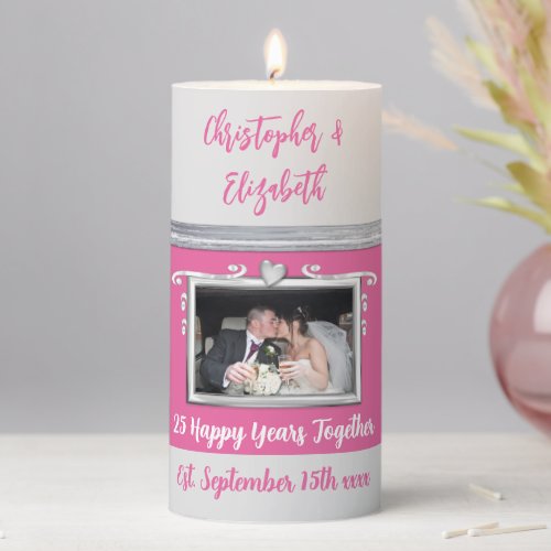 Silver 25th anniversary pink grey add photo pillar candle