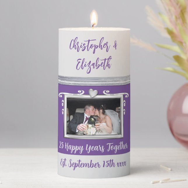 Silver 25th anniversary purple grey add photo pillar candle (In Situ)