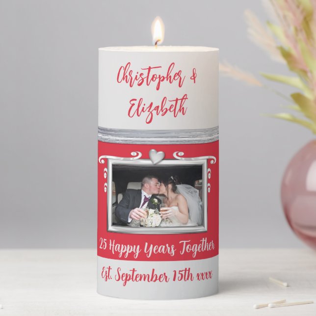 Silver 25th anniversary red grey add photo pillar candle (In Situ)
