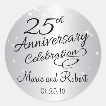 Silver 25th Anniversary Sparkly Wedding Classic Round Sticker by AnnounceIt at Zazzle