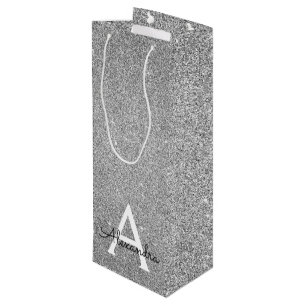 Silver 25th Birthday Glitter & Sparkle Monogram Wine Gift Bag