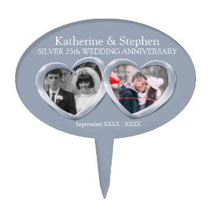 Silver 25th Wedding anniversary 2 hearts photo Cake Topper