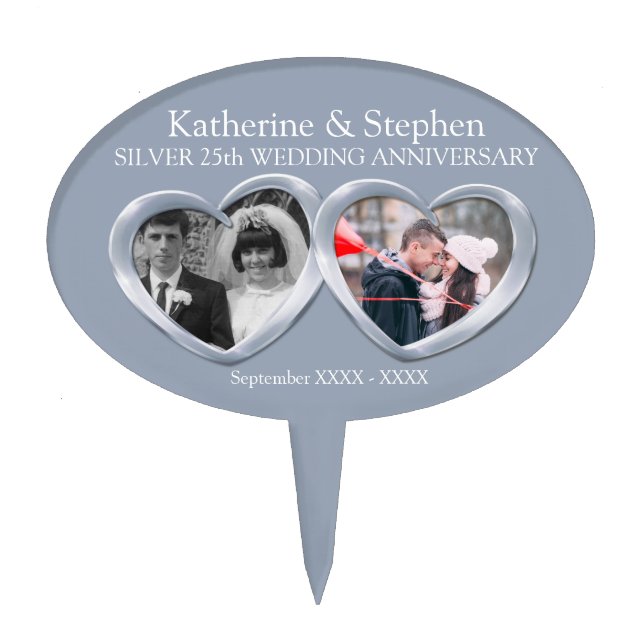 Silver 25th Wedding anniversary 2 hearts photo  Cake Topper (Front)