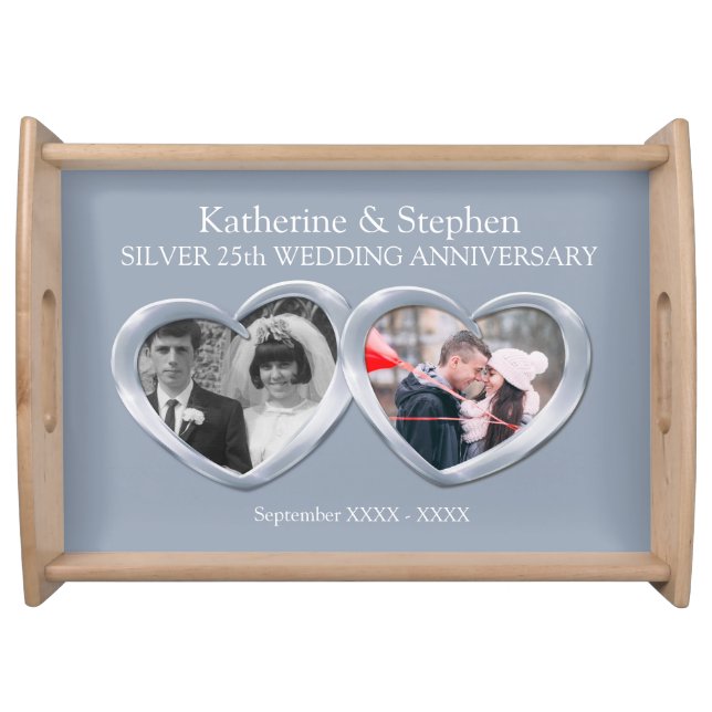Silver 25th Wedding anniversary 2 hearts photo Serving Tray (Front)