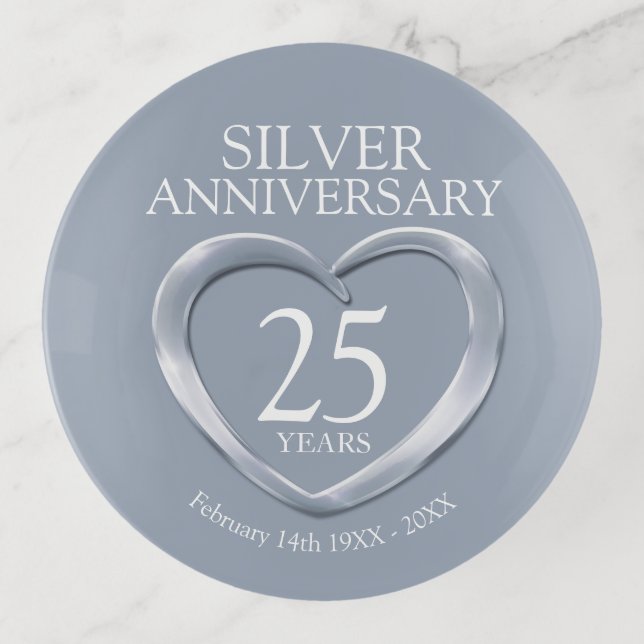Silver 25th wedding anniversary custom date gift trinket tray (Front)