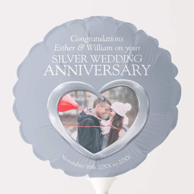 Silver 25th wedding anniversary custom heart photo balloon (Front)
