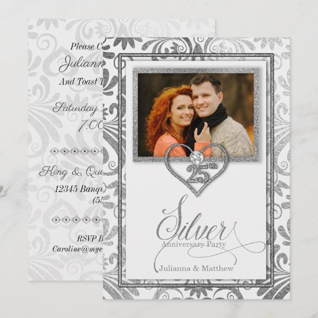 Silver 25th Wedding Anniversary Custom Photo Invitation (Front/Back)