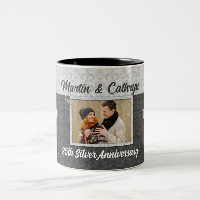 Silver 25th Wedding Anniversary Damask Photo Two-Tone Coffee Mug (Center)