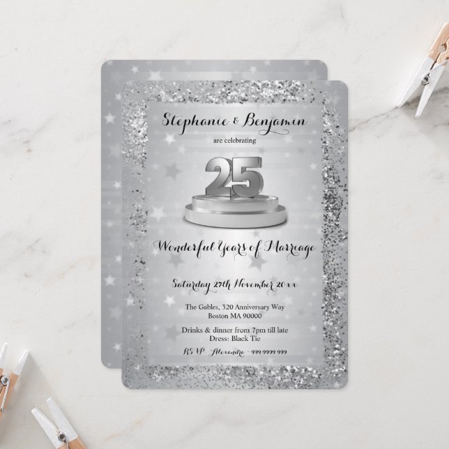 Silver 25th Wedding Anniversary Elegant Glitter Invitation (Front/Back In Situ)