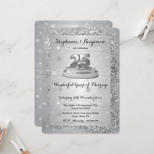 Silver 25th Wedding Anniversary Elegant Glitter Invitation