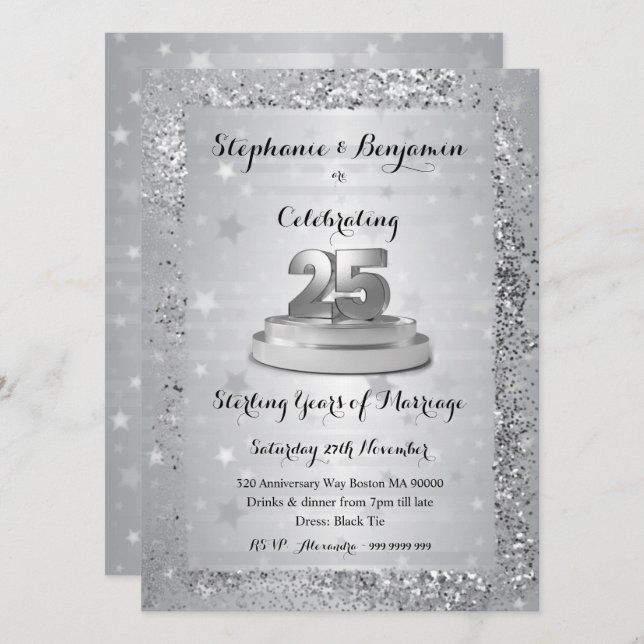 Silver 25th Wedding Anniversary Glitter Elegant In Invitation (Front/Back)