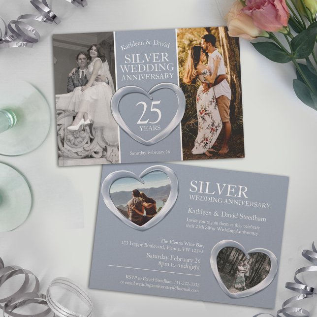 Silver 25th wedding anniversary heart party invitation (Creator Uploaded)