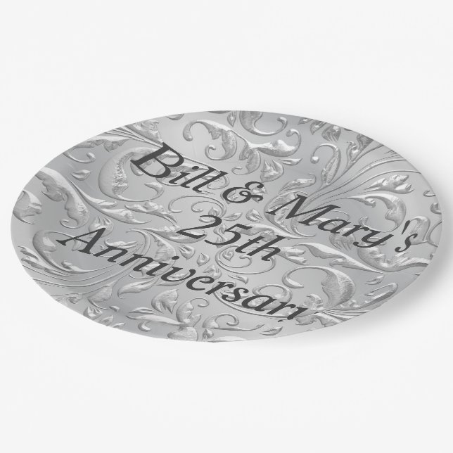 Silver 25th Wedding Anniversary Party Paper Plates (Angled)
