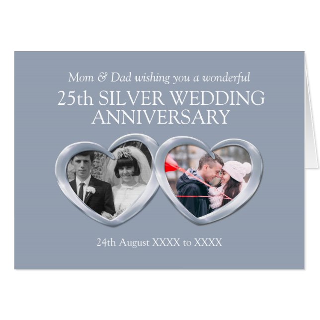Silver 25th wedding anniversary past present photo card (Front Horizontal)