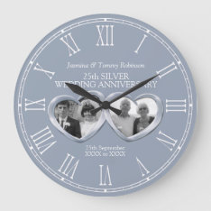 Silver 25th Wedding Anniversary Past Present Photo Large Clock at Zazzle