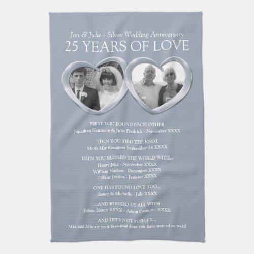 Silver 25th wedding anniversary photo family story kitchen towel