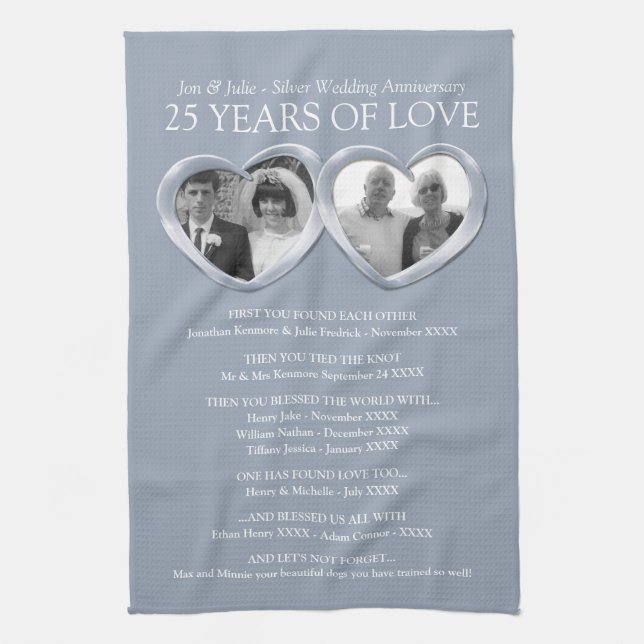 Silver 25th wedding anniversary photo family story kitchen towel (Vertical)