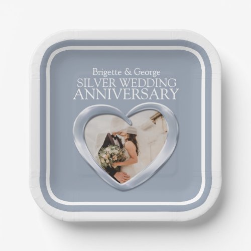 Silver 25th wedding anniversary photo heart square paper plates