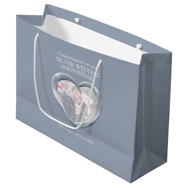 Silver 25th wedding anniversary photo year large gift bag (Front Angled)