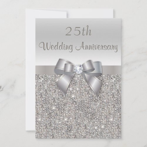 Silver 25th Wedding Anniversary Sequins and Bow Invitation