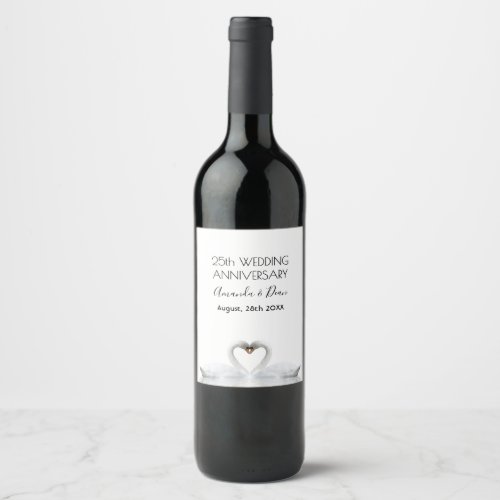Silver 25th wedding anniversary white swans love wine label