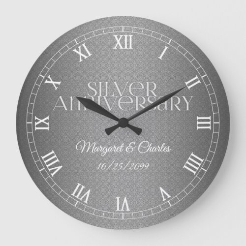 Silver 25th Wedding Anniversary with Name and Year Large Clock