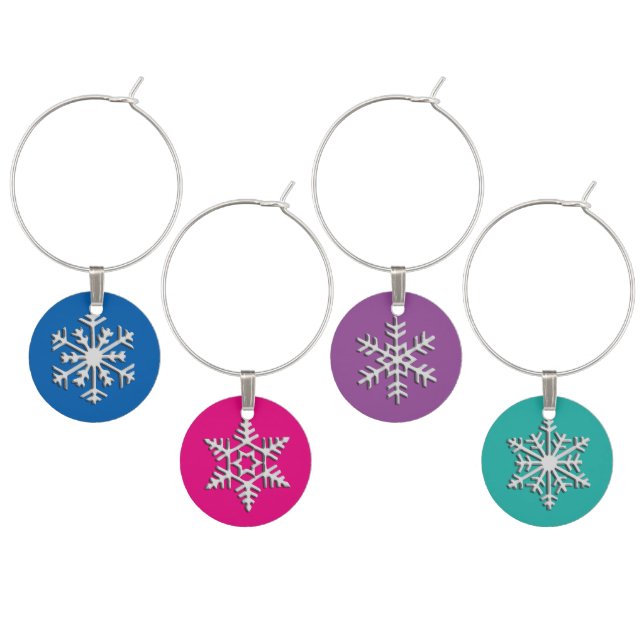 Silver 3-d snowflakes, Customizable Backgrounds Wine Glass Charm (Staggered)