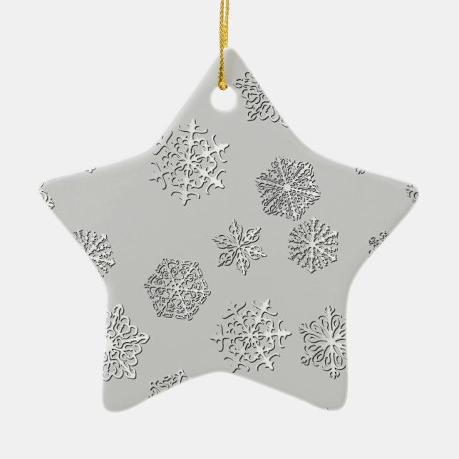 Silver 3-d snowflakes on a silver background ceramic ornament (Front)