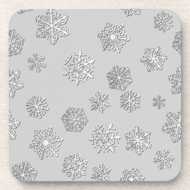 Silver 3-d snowflakes on a silver background drink coaster (Front)