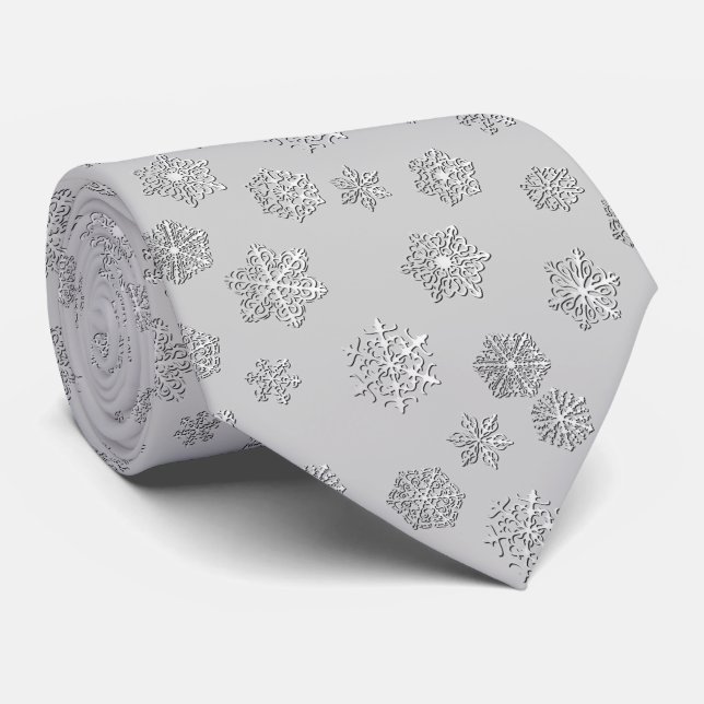 Silver 3-d snowflakes on a silver background tie (Rolled)