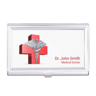 Silver 3D Caduceus Cross Medical Red Business Card Case