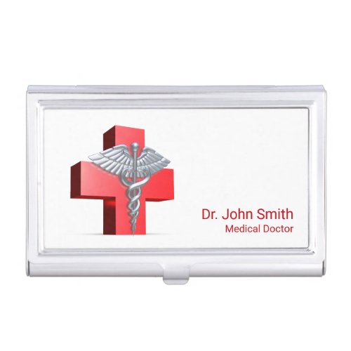 Silver 3D Caduceus Cross Medical Red Business Card Case