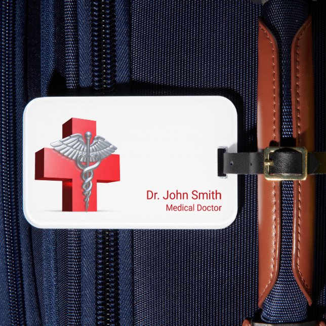 Silver 3D Caduceus Cross Medical Red Luggage Tag (Front Insitu 4)