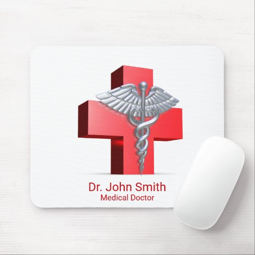 Silver 3D Caduceus Cross Red Medical Mouse Pad