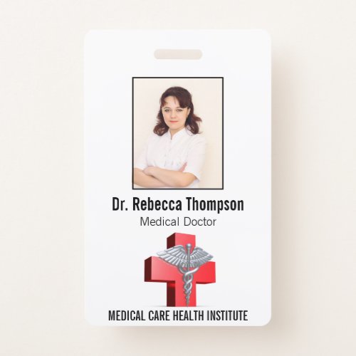 Silver 3D Caduceus Cross Red Medical Photo ID Badge