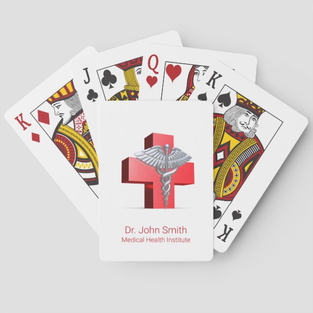 Silver 3D Caduceus Medical Cross Red Poker Cards (Back)