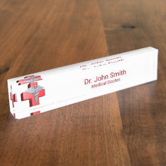 Silver 3D Medical Caduceus Cross Red Desk Name Plate