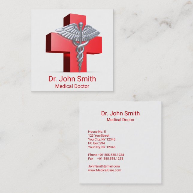 Silver 3D Medical Caduceus Cross Red Square Business Card (Front/Back)