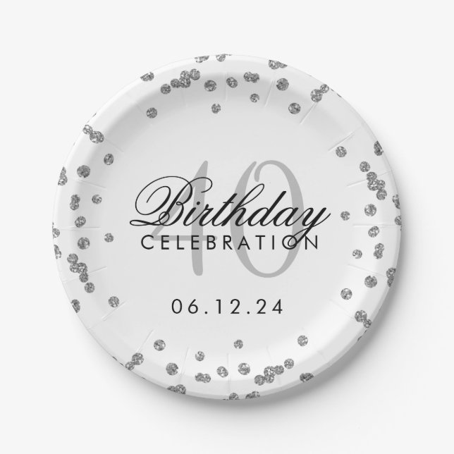 Silver 40th Birthday Glitter Confetti White Paper Plates (Front)