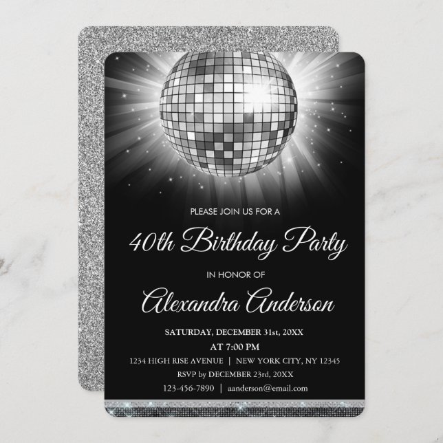 Silver 40th Birthday Party Disco Ball Invitation (Front/Back)