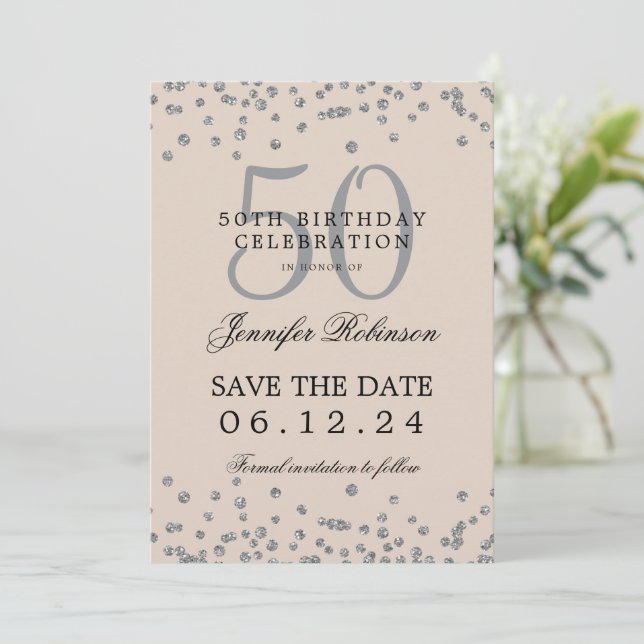 Silver 50 Birthday Save Date Confetti Champagne Invitation (Standing Front)
