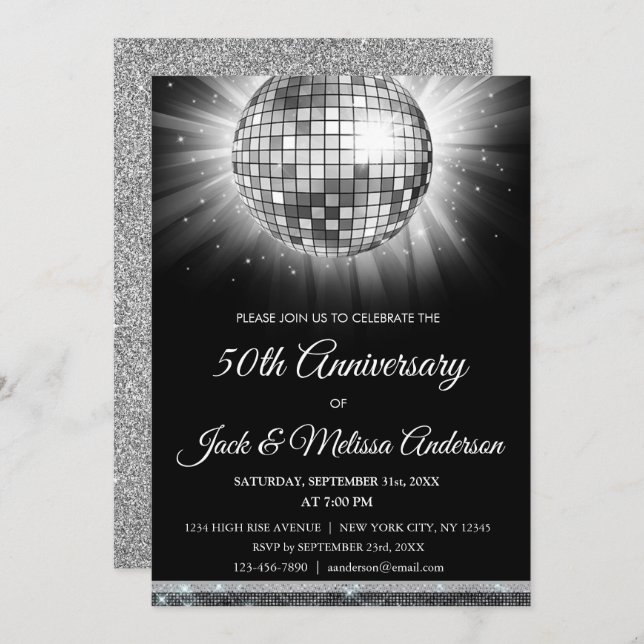 Silver 50th Anniversary Party Disco Ball Invitation (Front/Back)