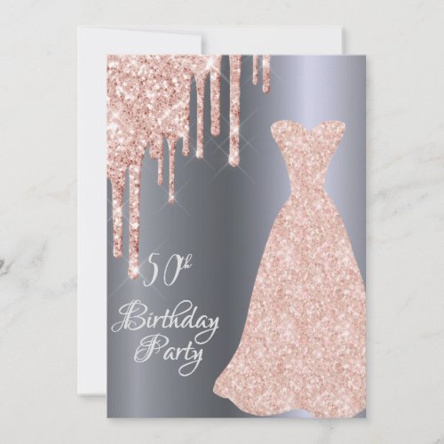 Silver 50th birthday dress glitter drip invitation