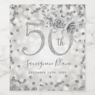 Silver 50th Birthday Floral Glam Lights Wine Label