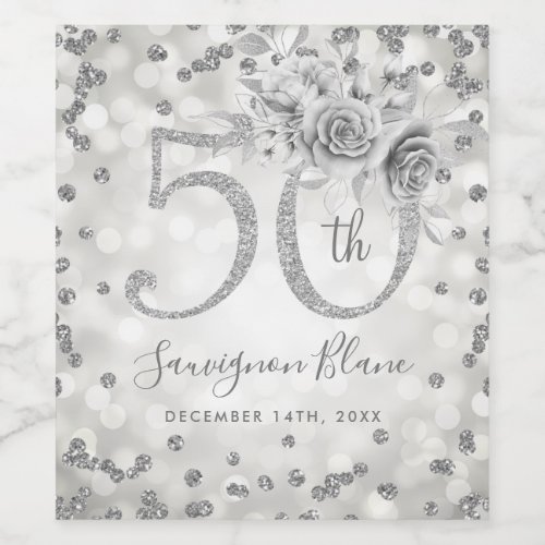 Silver 50th Birthday Floral Glam Lights  Wine Label