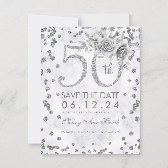 Silver 50th Birthday Glam Lights Marble  Save The Date (Front)