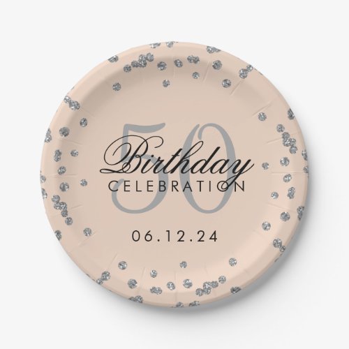 Silver 50th Birthday Glitter Confetti Blush Pink Paper Plates