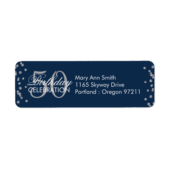 Silver 50th Birthday Glitter Confetti Navy Blue Label (Front)