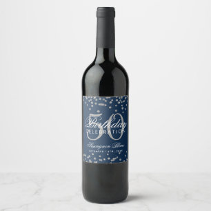 Silver 50th Birthday Glitter Confetti Navy Blue Wine Label
